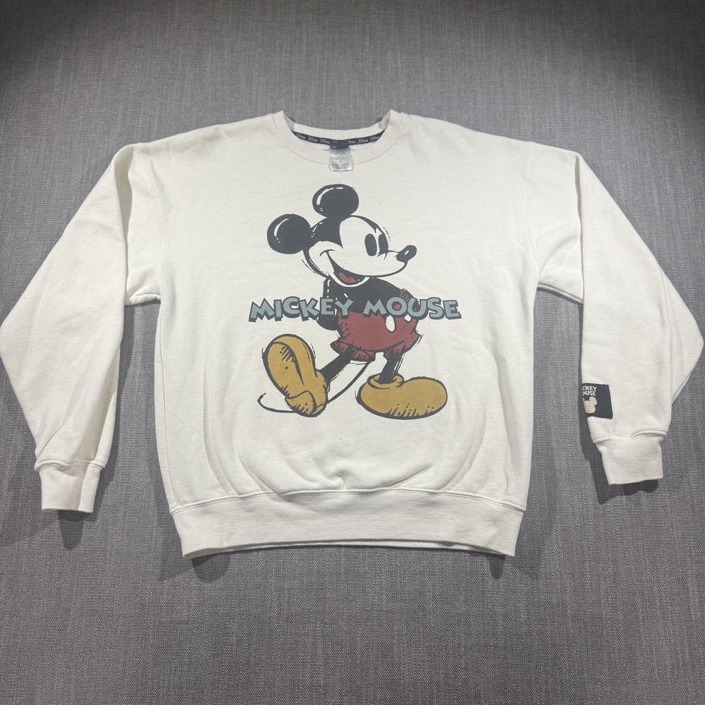 Disney Mickey Mouse Sweatshirt Mens Small White Graphic Fleece Crewneck Pullover